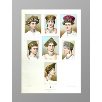 Старинная гравюра Русские женские головные уборы-кокошники 1880 года