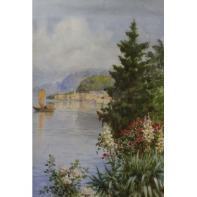 Старинный пейзаж акварелью Вид на залив художник Vian S,XIX век