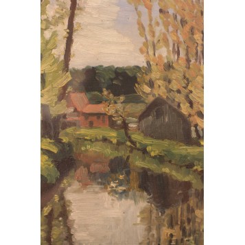 Старинная картина "Сцена в деревне" художника  R. Durand ,начало XX века
