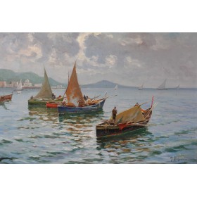 Итальянская школа живописи,старинная картина "Рыбацкие лодки"