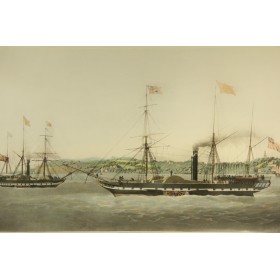 Большая старинная гравюра из серии "Морские пароходы"