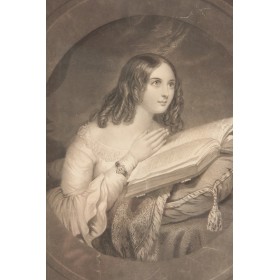 Старинная английская гравюра Девушка с книгой