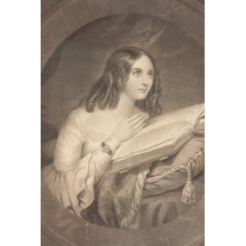 Старинная английская гравюра Девушка с книгой