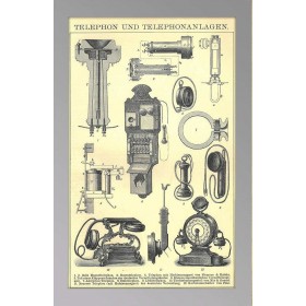 Антикварная гравюра 1896 года с изображением Телефона и телефонных систем