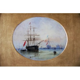 Старинная английская картина 19 века художника Кнелла Корабли купить в подарок