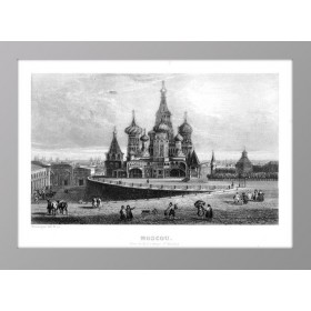 Вид на Cобор Василия Блаженного в Москве. Старинная гравюра 1853 года.