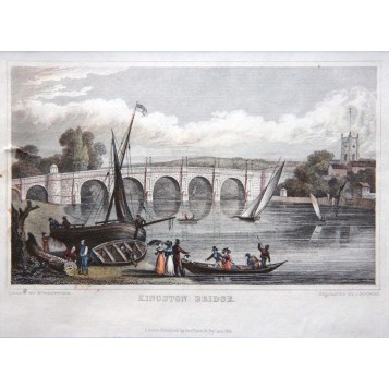Мост города Кингстон, старинный английский пейзаж, гравюра в подарок