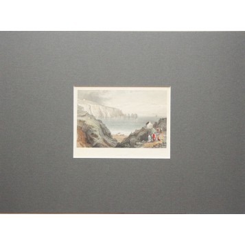 Живописный вид на залив Алум в английской гравюре 19 века.