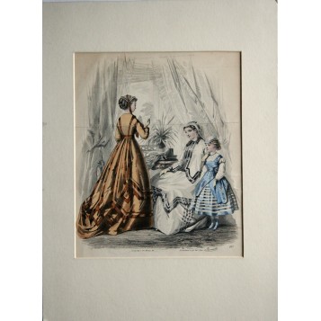 Антикварная гравюра для каталога женской одежды Англия 19 век