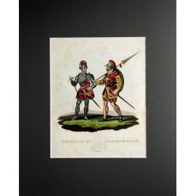 Английская антикварная гравюра 19 века с изображением рыцаря и одного из королевских стражников