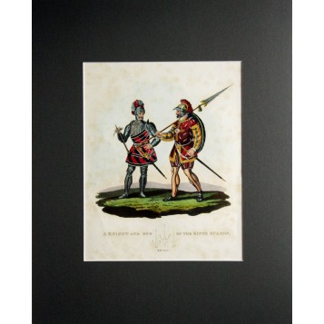 Английская антикварная гравюра 19 века с изображением рыцаря и одного из королевских стражников