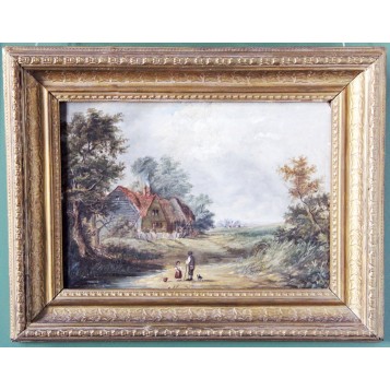 Антикварная картина Сельский пейзаж. Английская живопись. Неизвестный художник