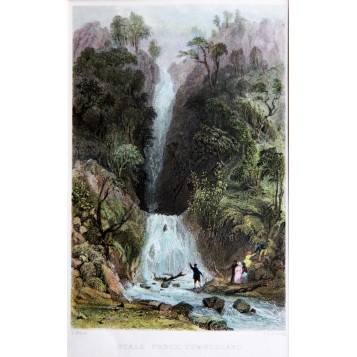 Антикварная гравюра с изображением водопада Форс в районе Камберлэнда