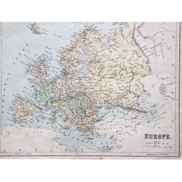 Старинная карта Европы, включая Россию, издательства Георг Филлипс и сыновья Лондон и Ливерпуль 1875 года.