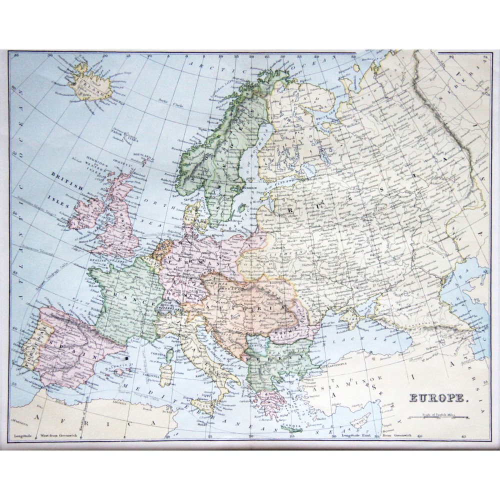 Антикварная английская карта Европы и России 19 века для статусного подаркаи оформления интерьера