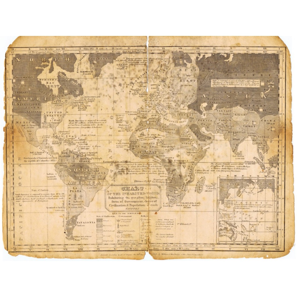Антикварная карта обитаемого мира, составленная Эммой Уиллард в 1823 году