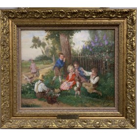 Старинная картина Играющие дети Гюстав Франсуа Лазеллас, вторая половина 19 века
