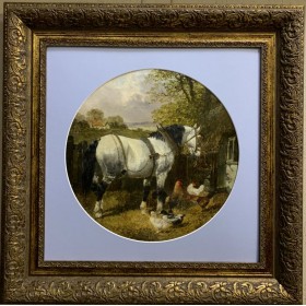 Картина с белой лошадью в форме тондо. Европа, XIX век. Художник неизвестен.