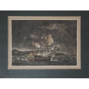 Старинная гравюра с изображением морского пейзажа и кораблей