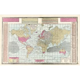 Карта мира в проекции Меркатора с указанием дат и маршрутов путешествий и открытий
