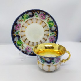 Старинная чайная пара с кобальтовым узором и цветами Храпунова-Нового