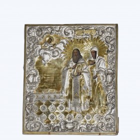 Старинная икона избранных Святых в окладе
