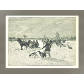 Антикварная гравюра "Возвращение с охоты", 1890 г.