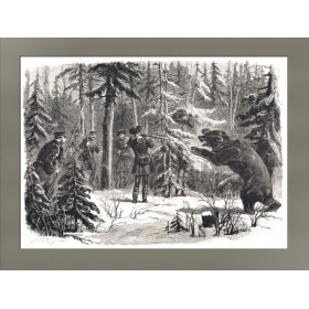 Старинная гравюра "Александр II на медвежьей охоте"