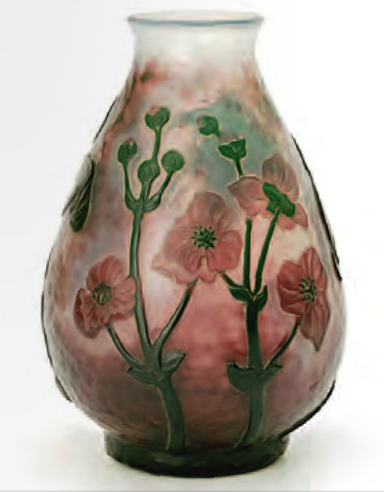Старинное стекло МОДЕРН, мануфактура братьев дом ваза с изображением анемонов 1910